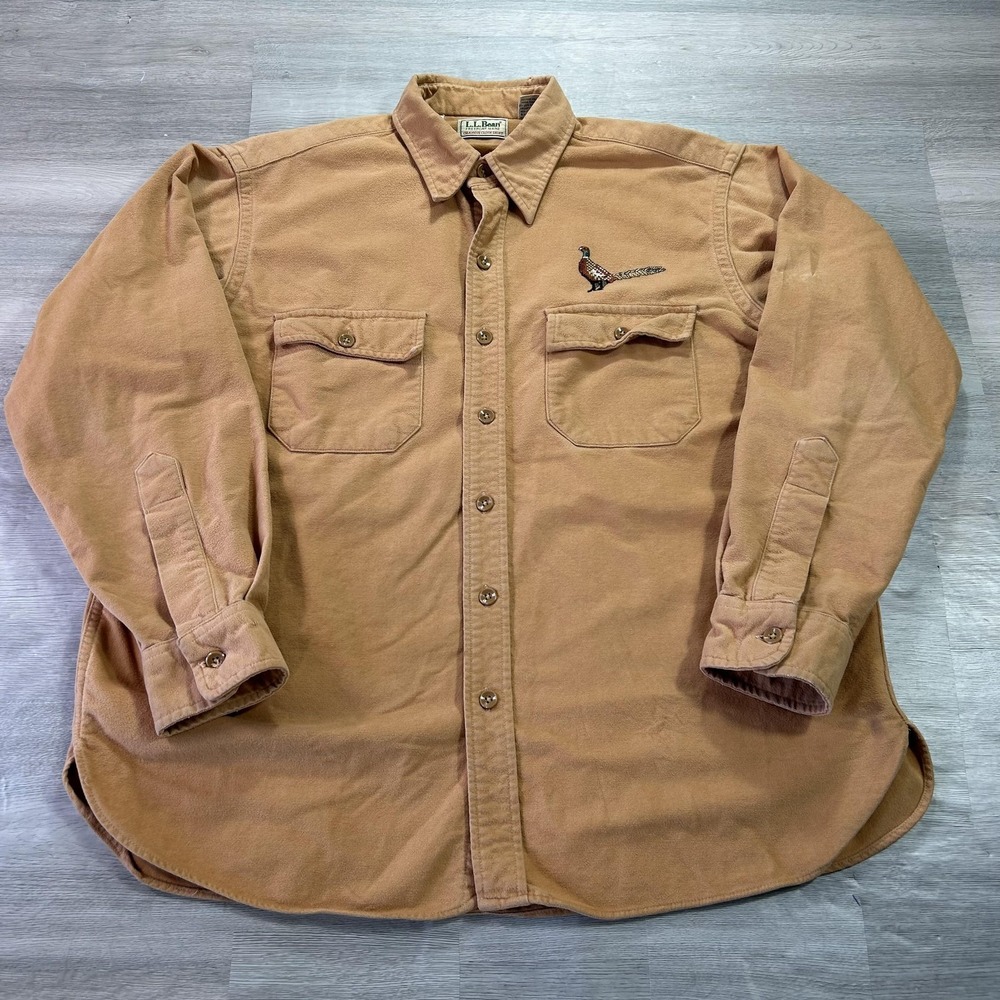 L.L. Bean Shirt Mens XL Brown Chamois Flannel Pheasant Embroidered Hunting USA